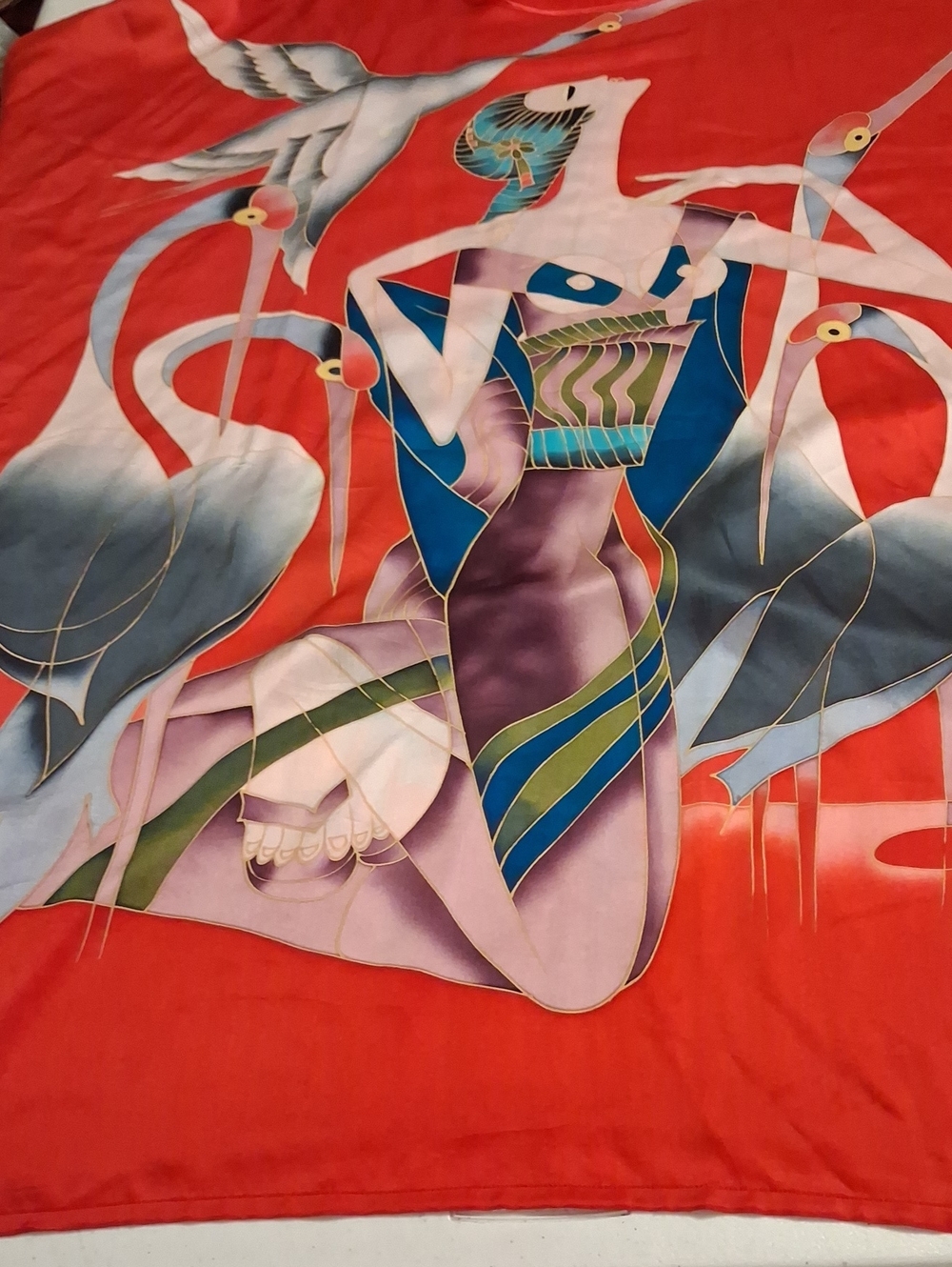 Vibrant Red Art Textile with Stylized Woman and Cranes